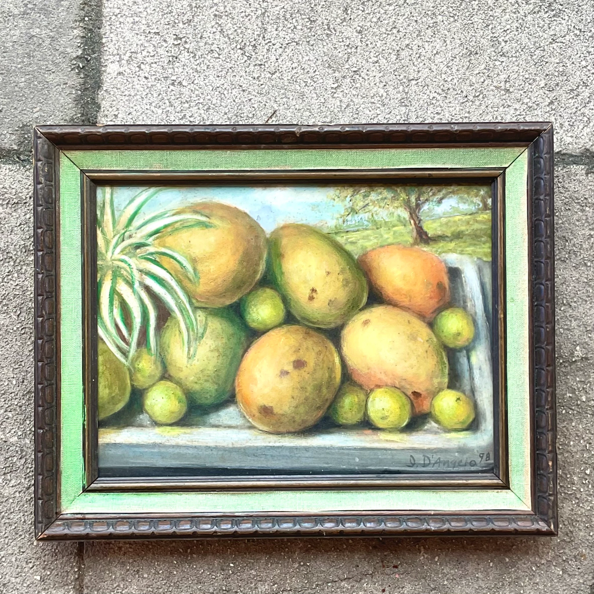 Vintage Coastal Mango Still Life Oil on Canvas Painting - Detail view