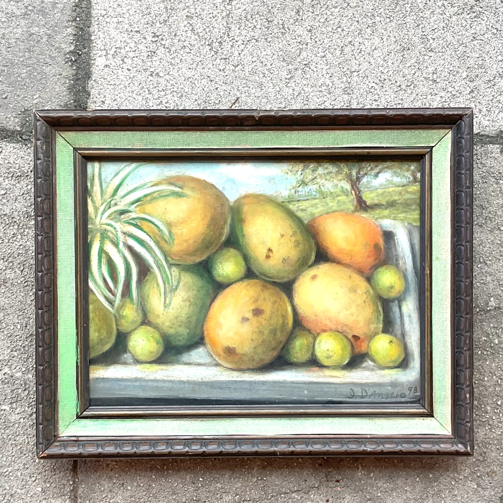 Vintage Coastal Mango Still Life Oil on Canvas Painting - Side view