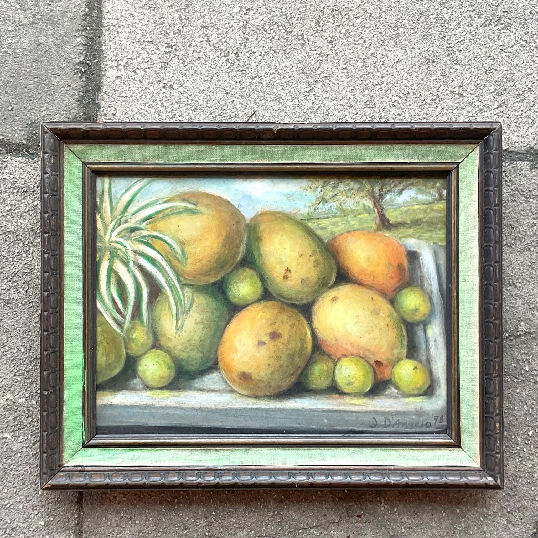 Vintage Coastal Mango Still Life Oil on Canvas Painting - Back view