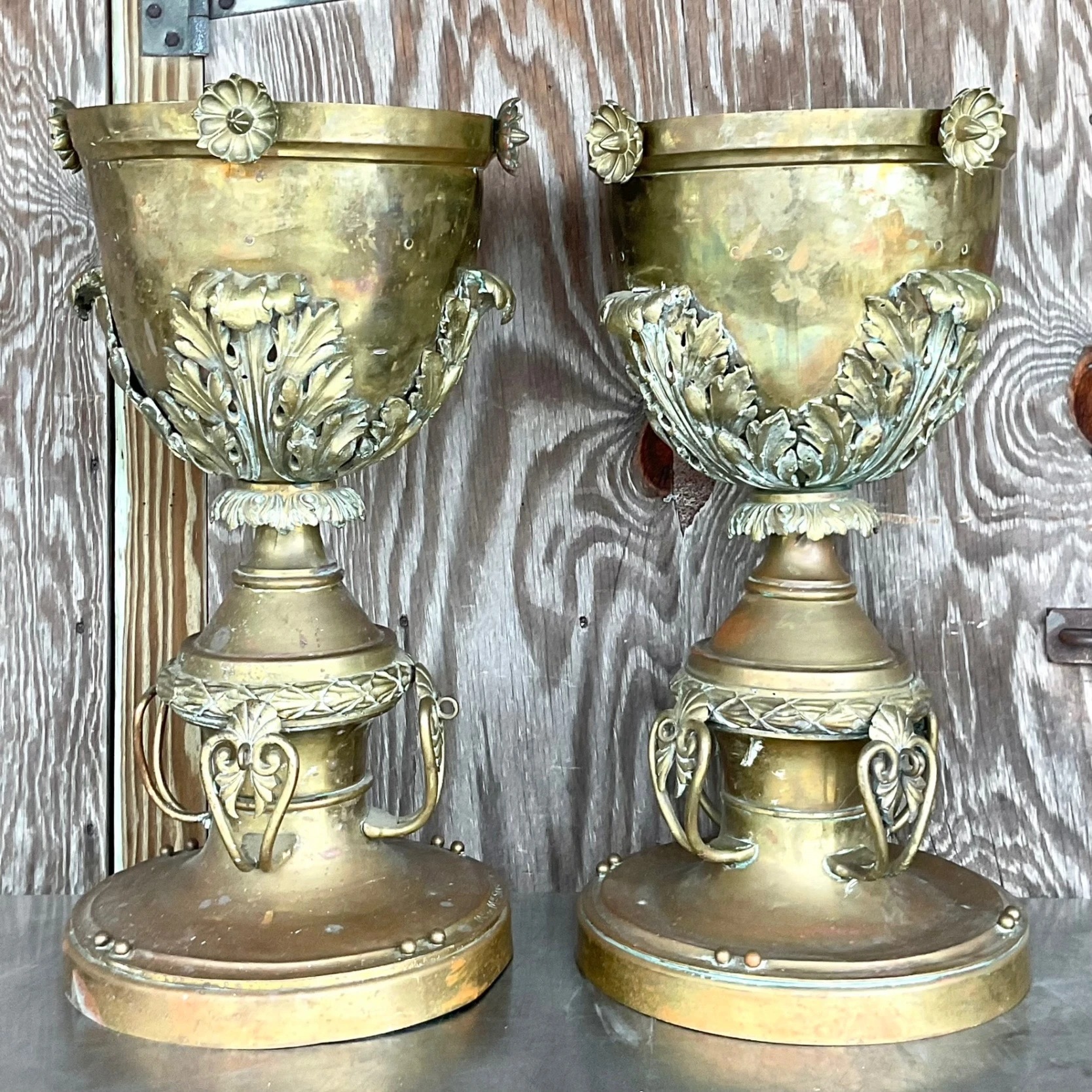 Late 19th Century Vintage Neo Classical Brass Footed Urn - a Pair - Detail view