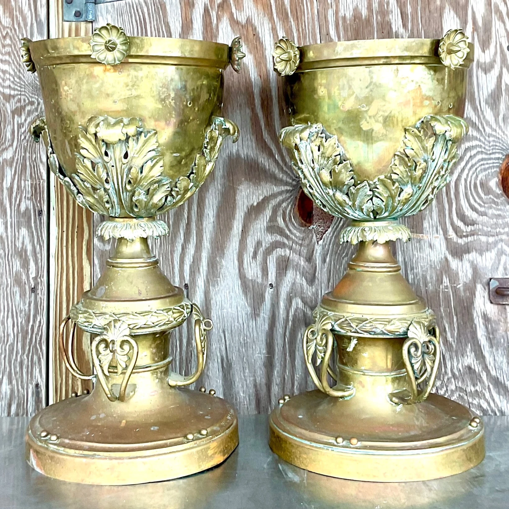 Late 19th Century Vintage Neo Classical Brass Footed Urn - a Pair - Side view