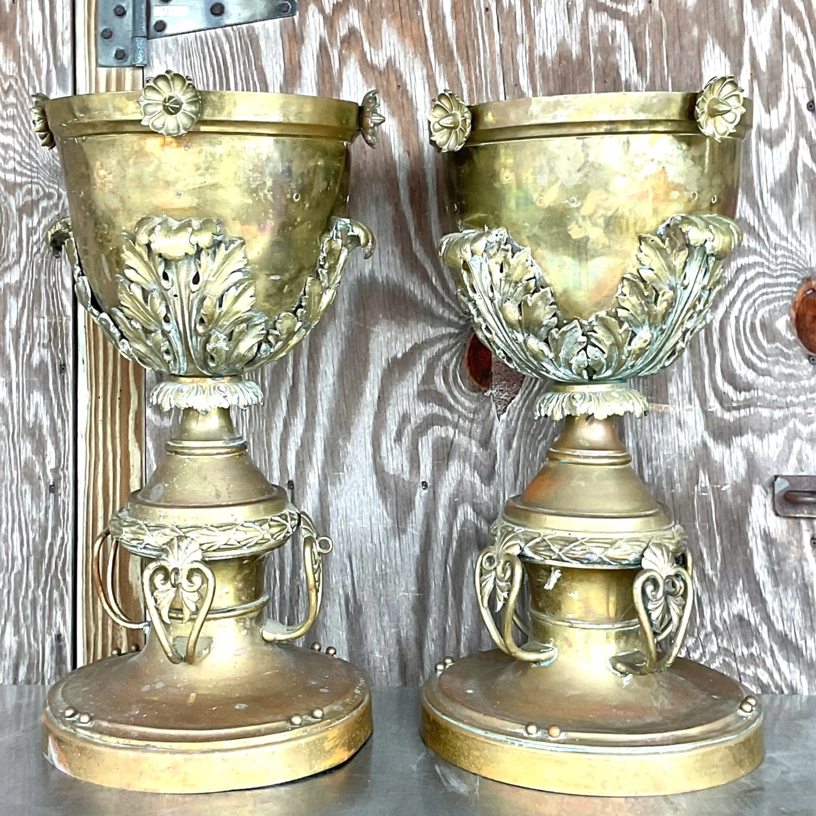 Late 19th Century Vintage Neo Classical Brass Footed Urn - a Pair - Back view