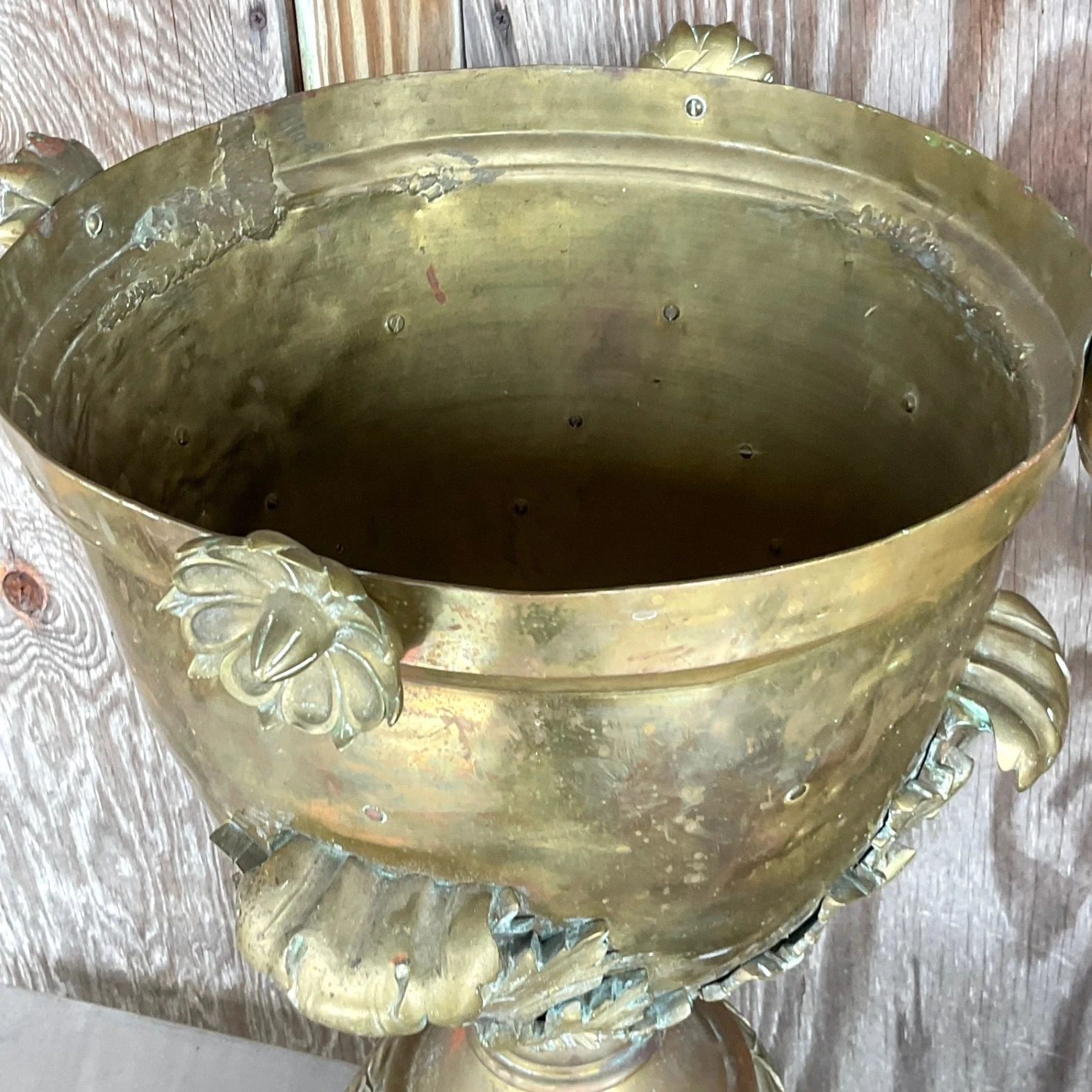 Late 19th Century Vintage Neo Classical Brass Footed Urn - a Pair - Top view