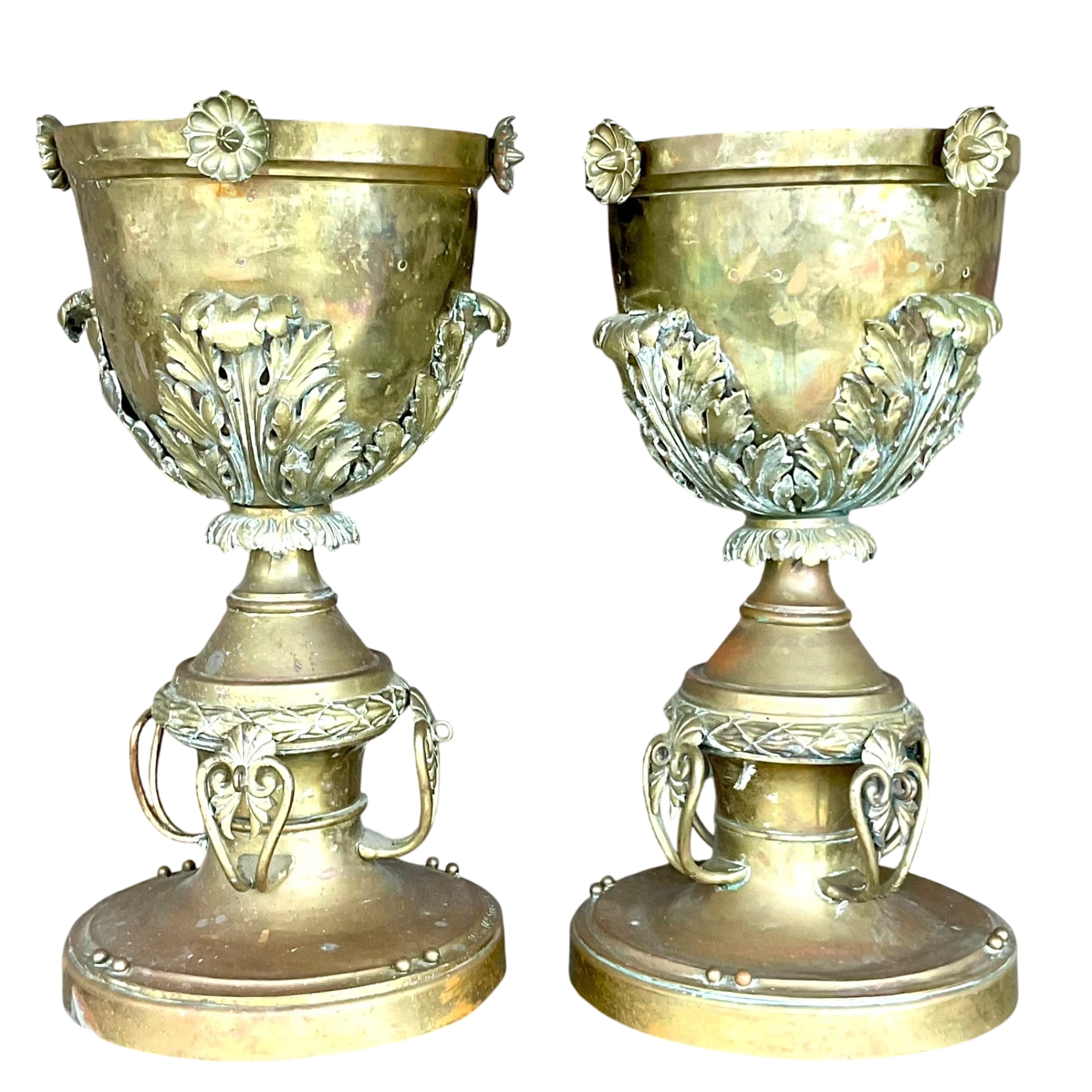 Late 19th Century Vintage Neo Classical Brass Footed Urn - a Pair
