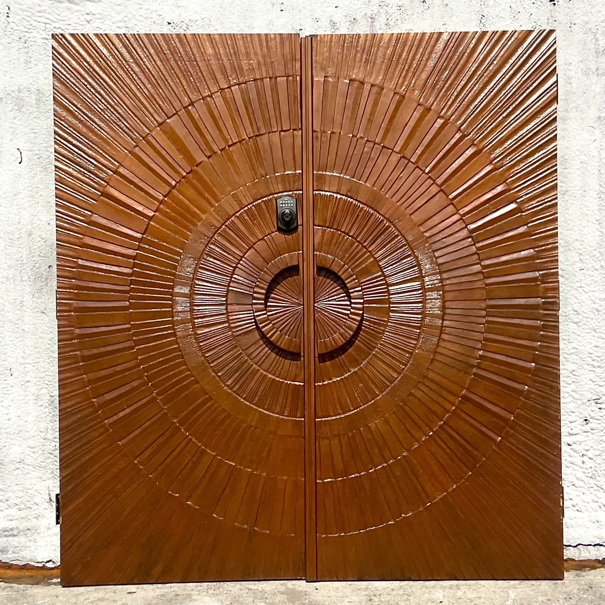 Vintage 1971 Boho “Heroic Sunburst” Bronzed Resin Over Wood Doors - a Pair - Detail view