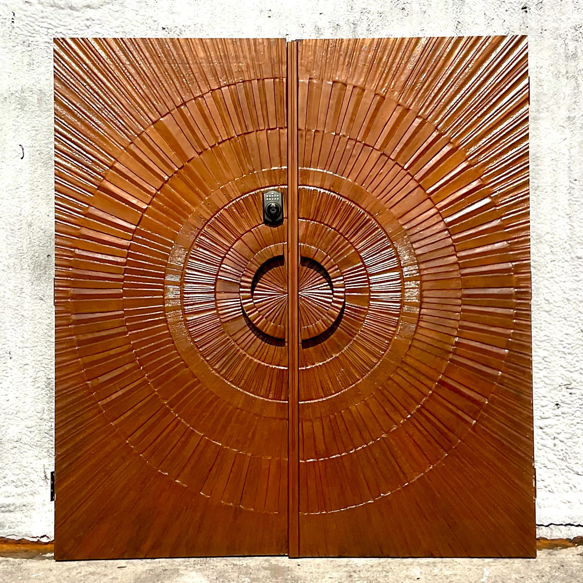 Vintage 1971 Boho “Heroic Sunburst” Bronzed Resin Over Wood Doors - a Pair - Side view