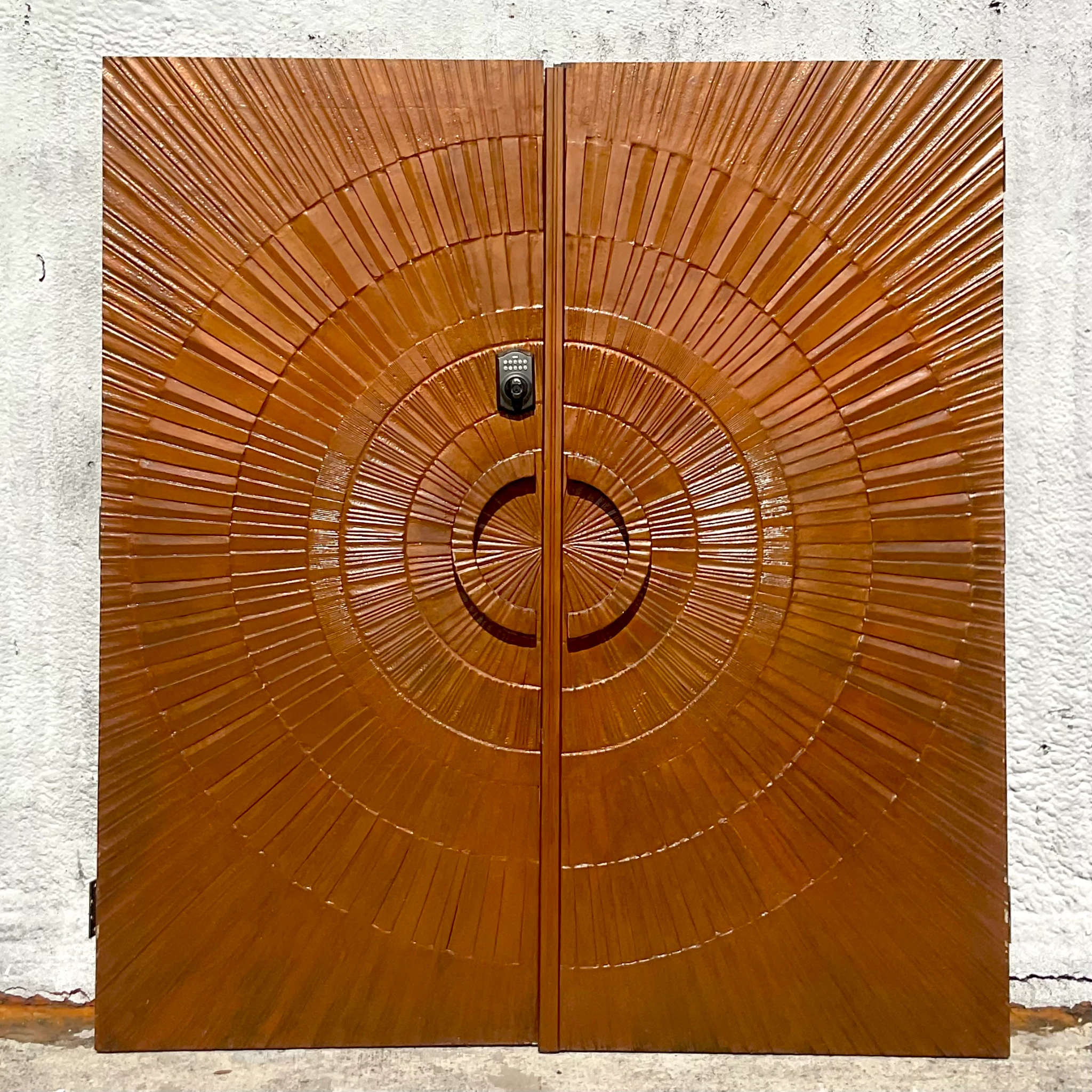 Vintage 1971 Boho “Heroic Sunburst” Bronzed Resin Over Wood Doors - a Pair - Back view
