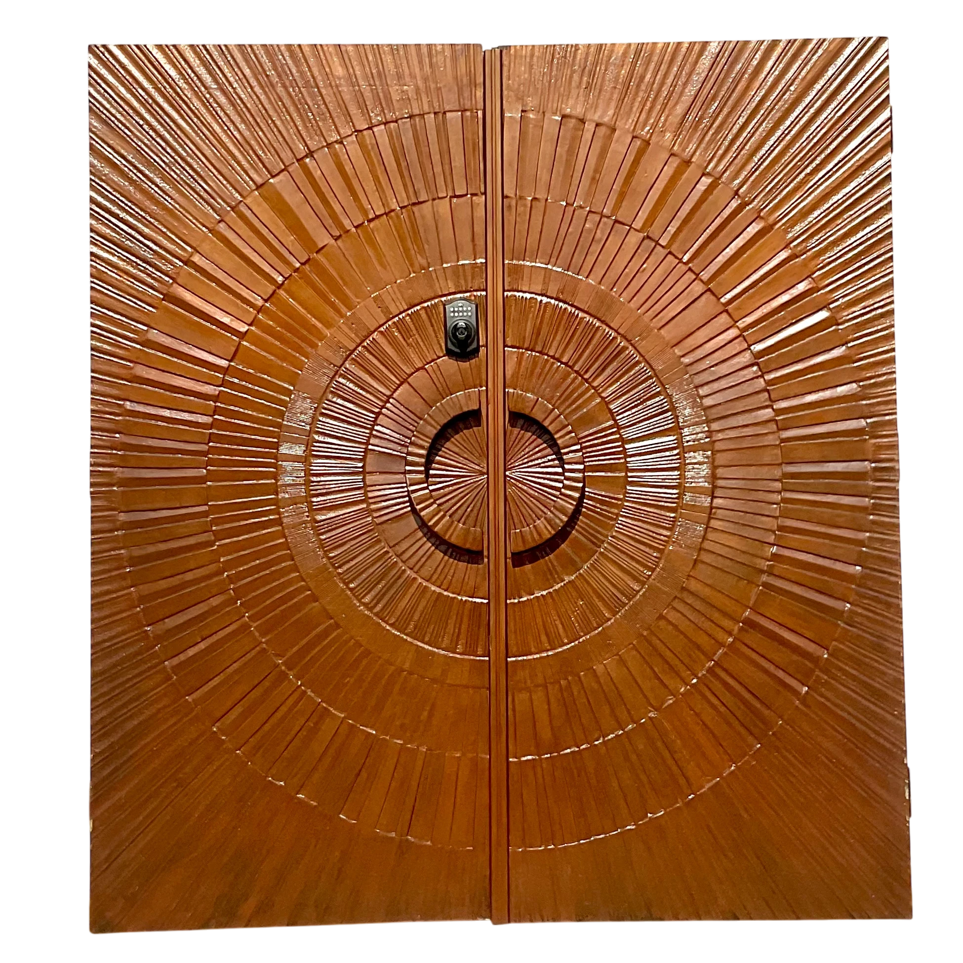 Vintage 1971 Boho “Heroic Sunburst” Bronzed Resin Over Wood Doors - a Pair