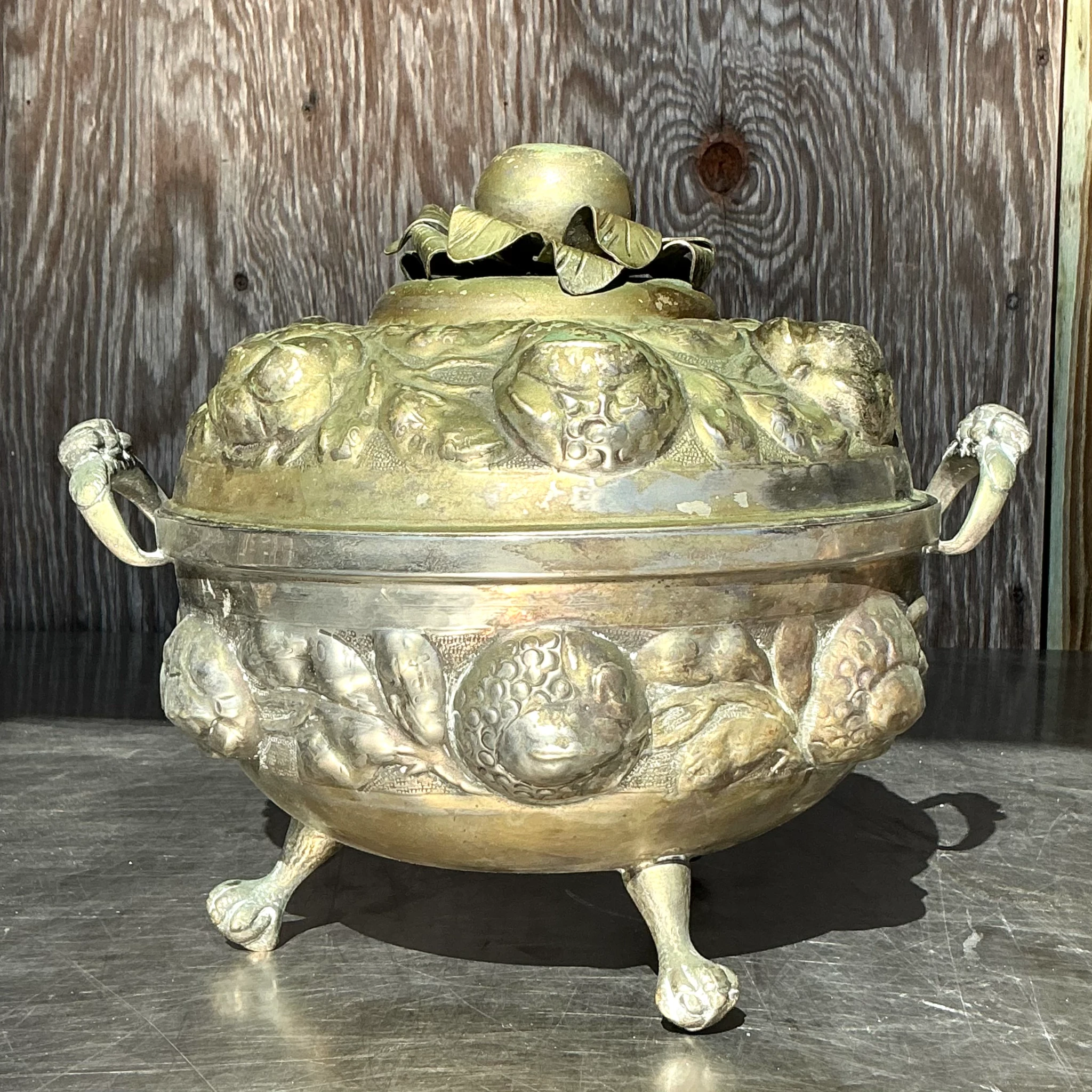 Vintage Patinated Metal Lidded Urn - Detail view