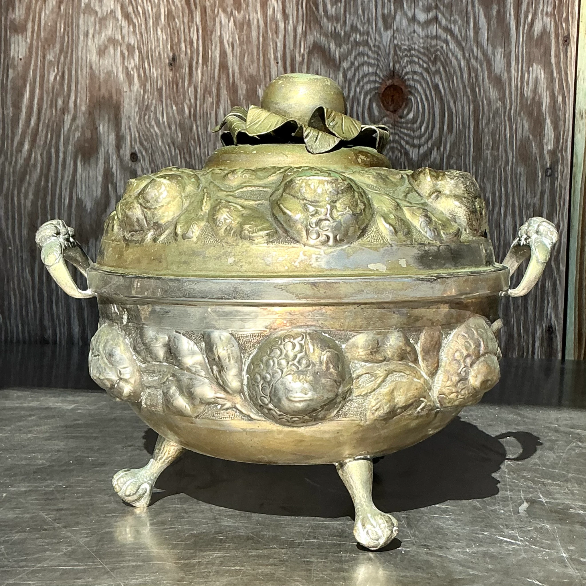 Vintage Patinated Metal Lidded Urn - Side view