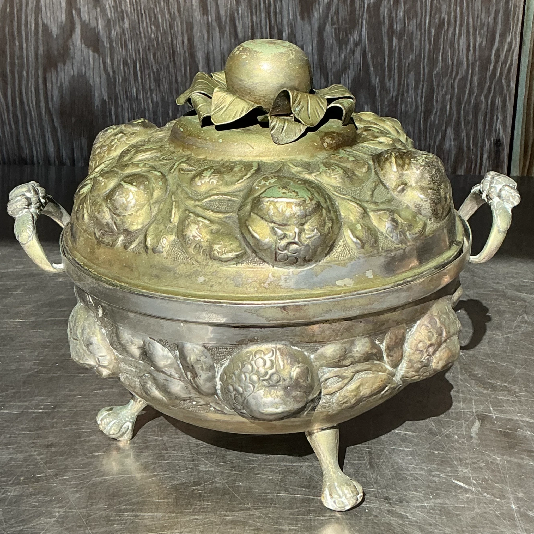 Vintage Patinated Metal Lidded Urn - Back view