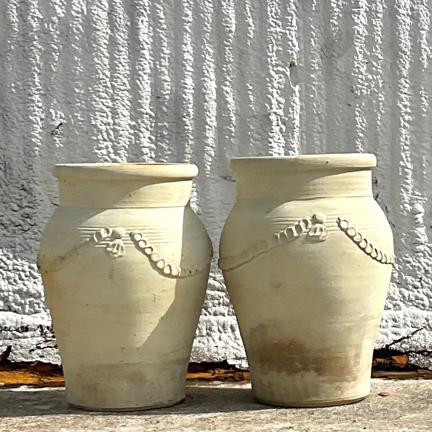 Vintage Monumental Patinated Swag Terracotta Planter- a Pair - Side view