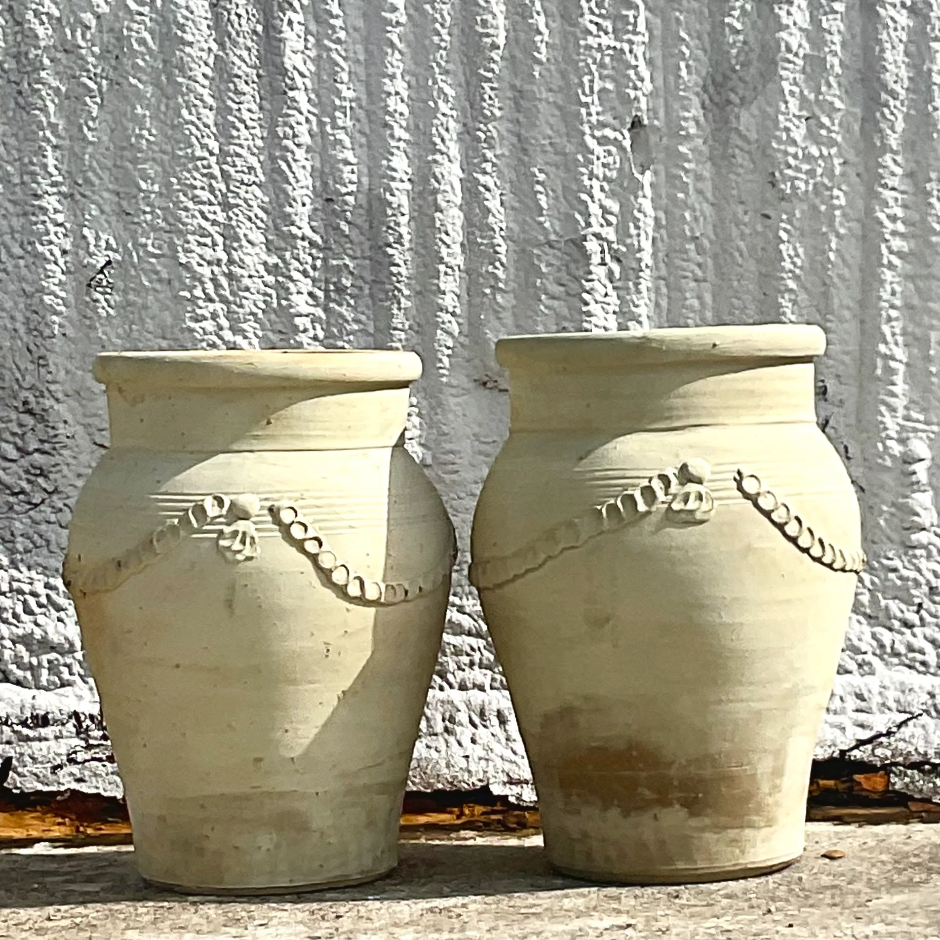 Vintage Monumental Patinated Swag Terracotta Planter- a Pair - Back view