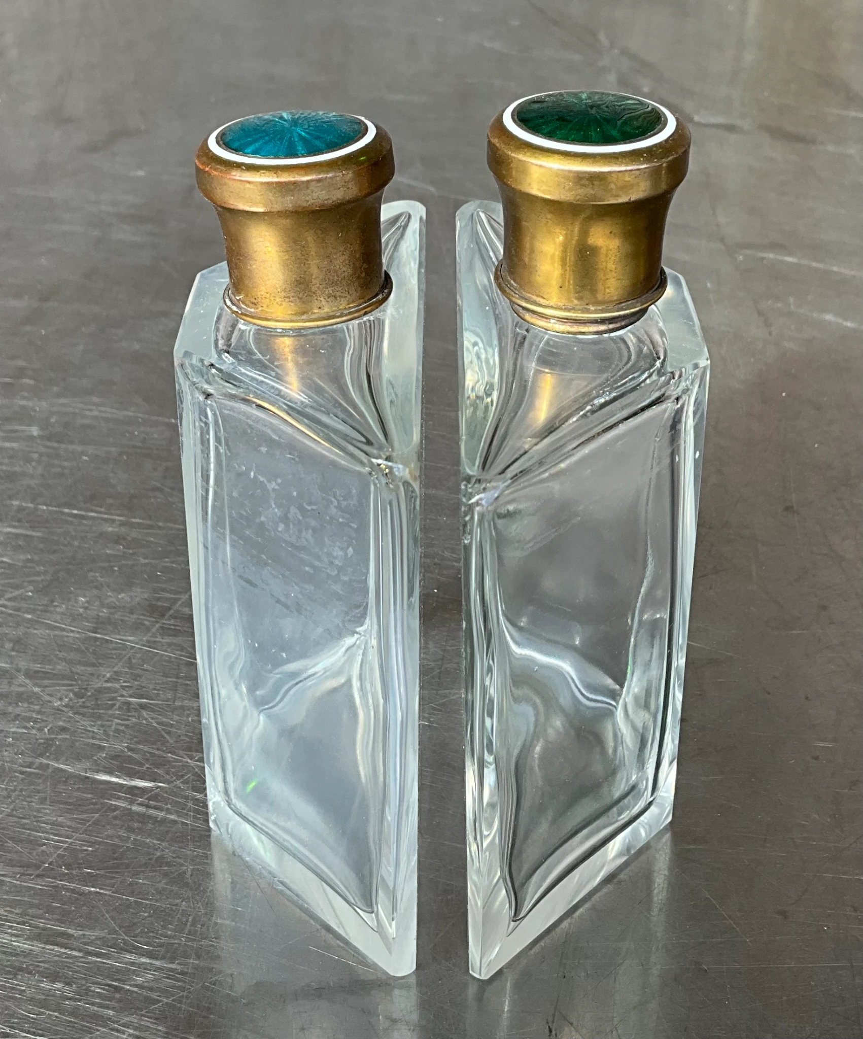 Vintage Enamel Brass Cap Flasks- a Pair - Side view