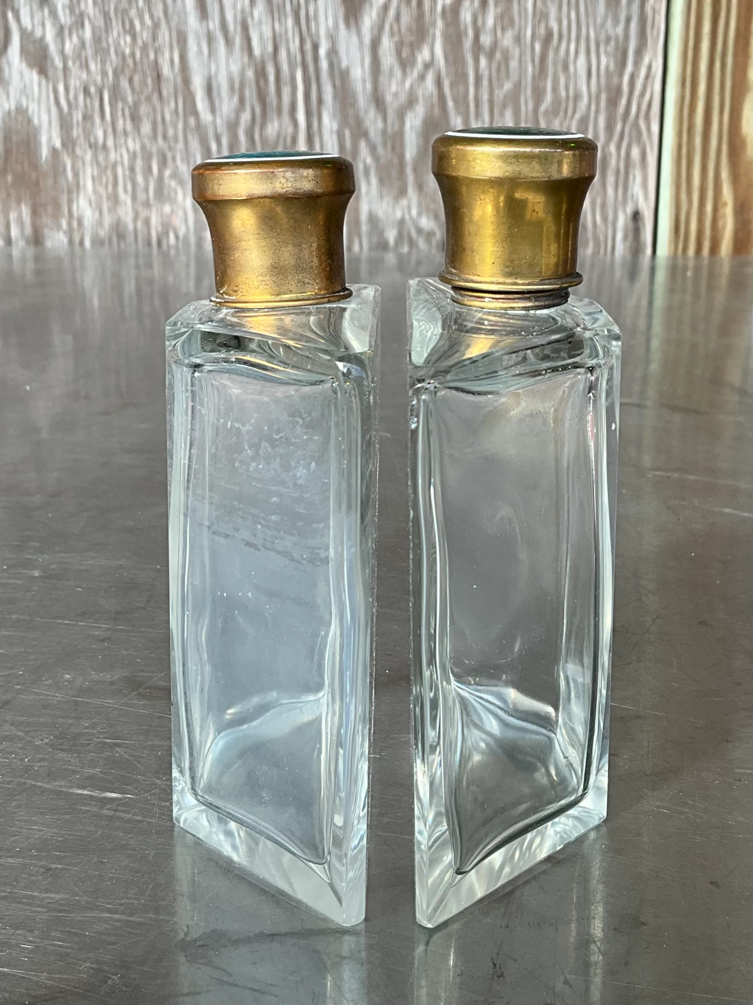 Vintage Enamel Brass Cap Flasks- a Pair - Back view