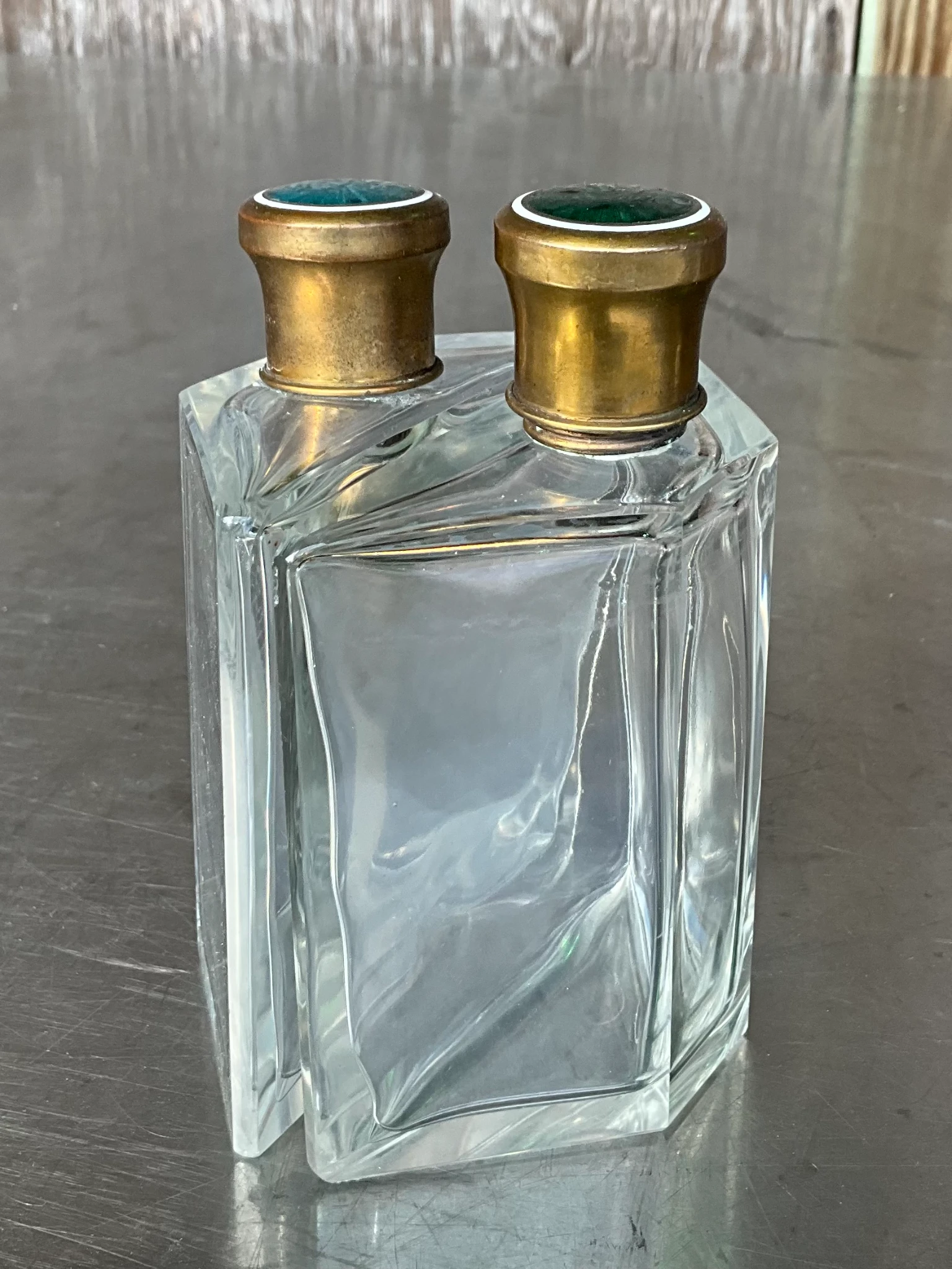 Vintage Enamel Brass Cap Flasks- a Pair - Detail view