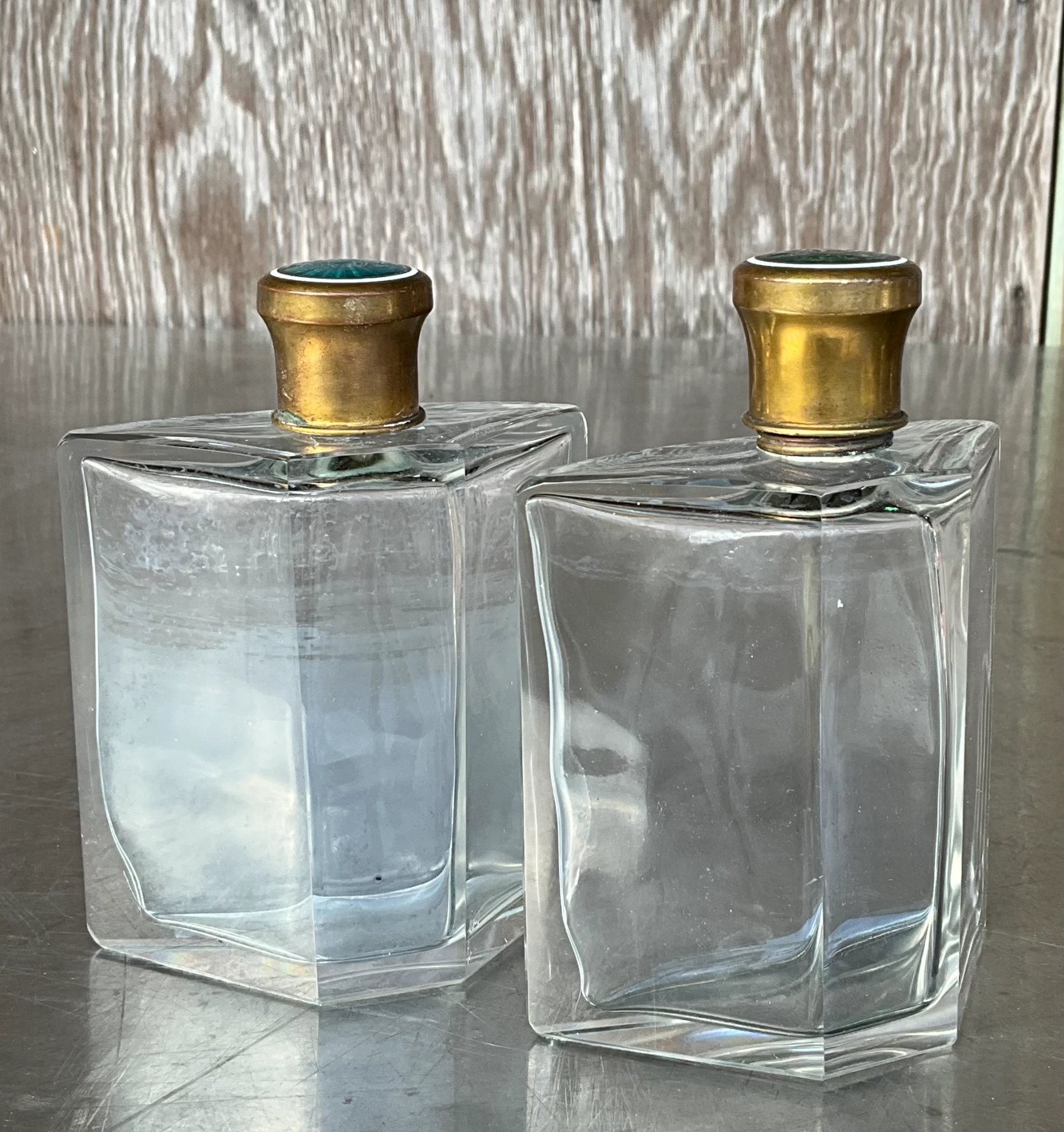 Vintage Enamel Brass Cap Flasks- a Pair - Top view
