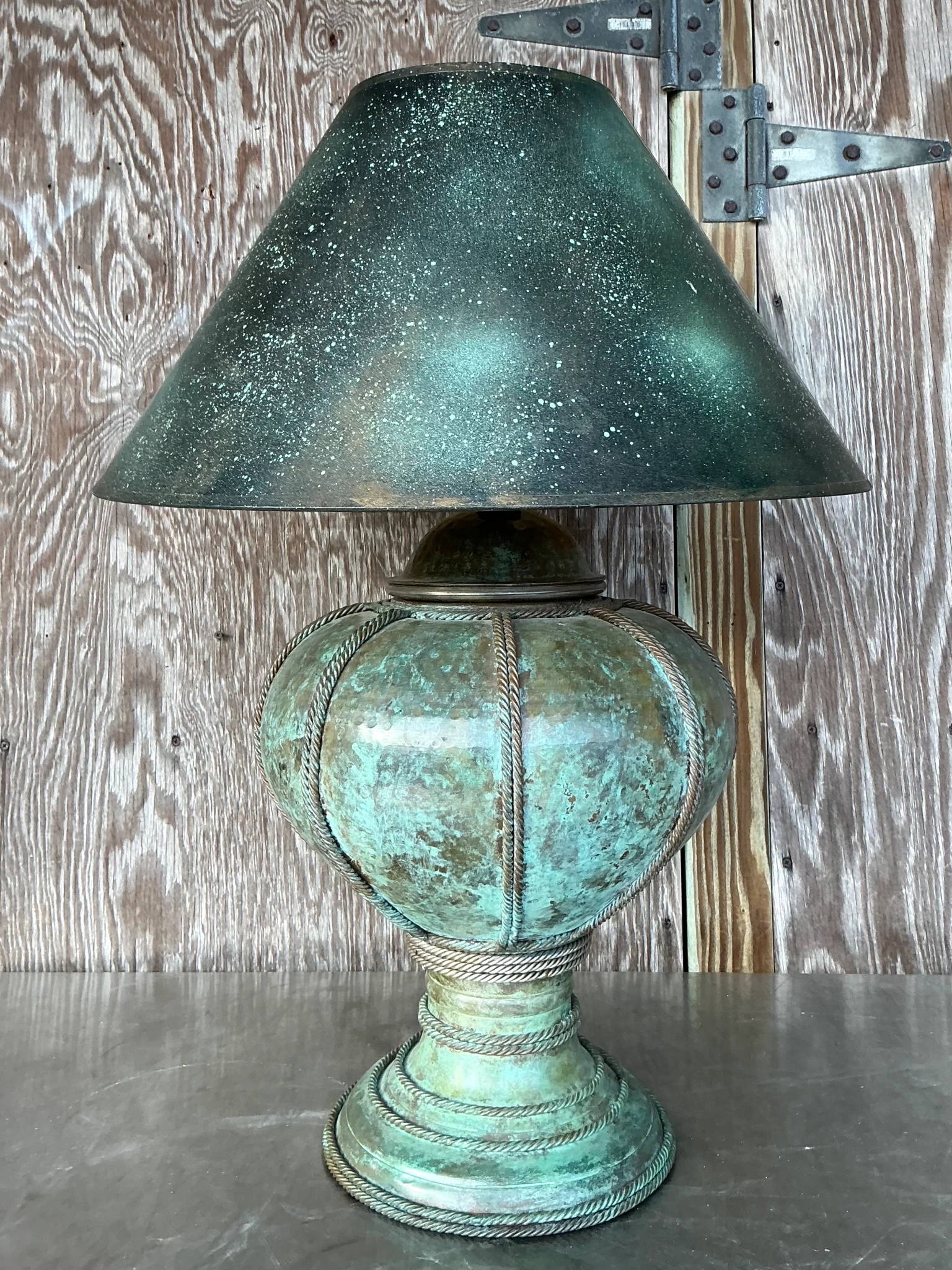 Vintage Patinated Metal Lamp With Hand Painted Shade - Detail view