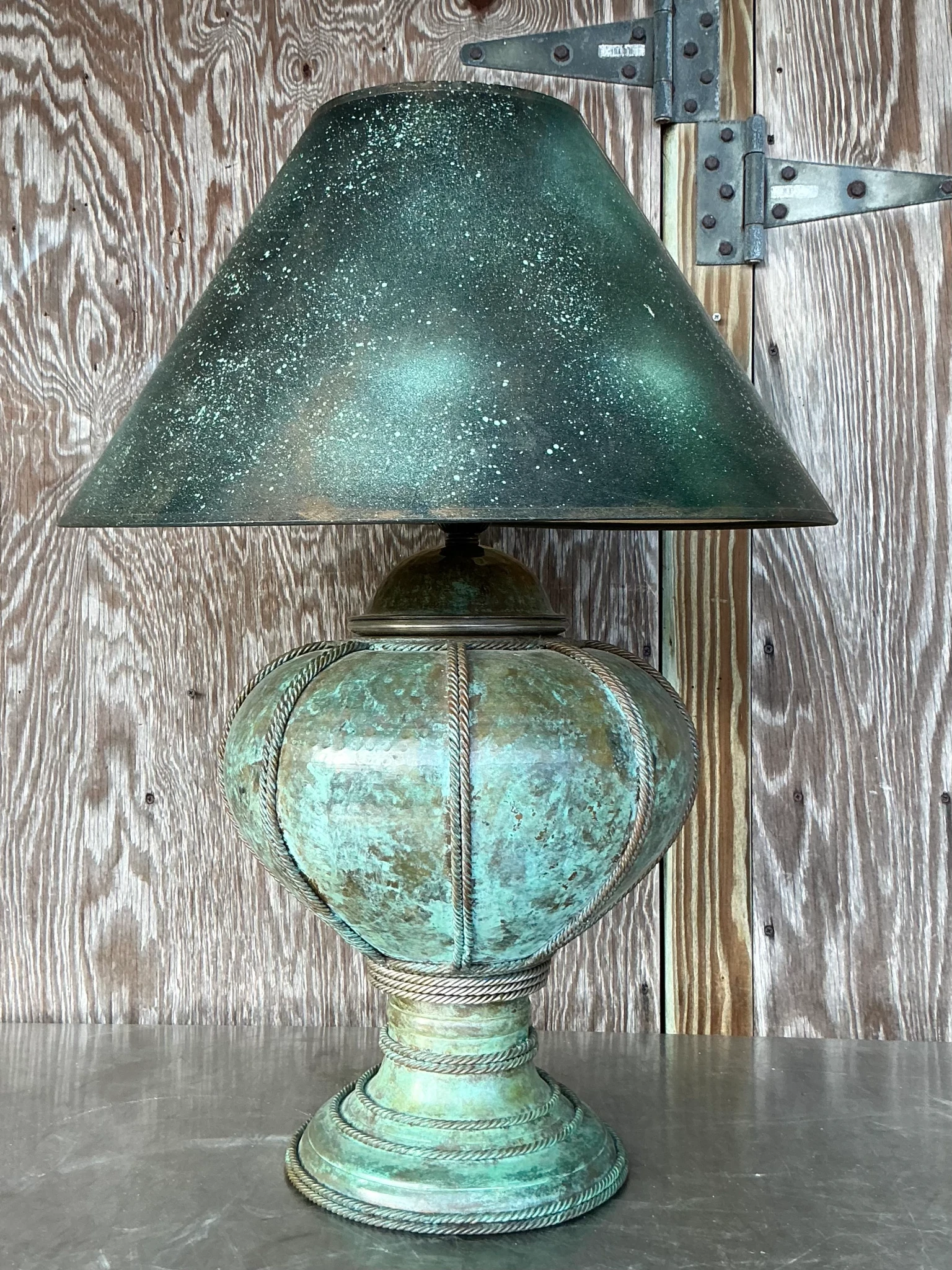 Vintage Patinated Metal Lamp With Hand Painted Shade - Side view