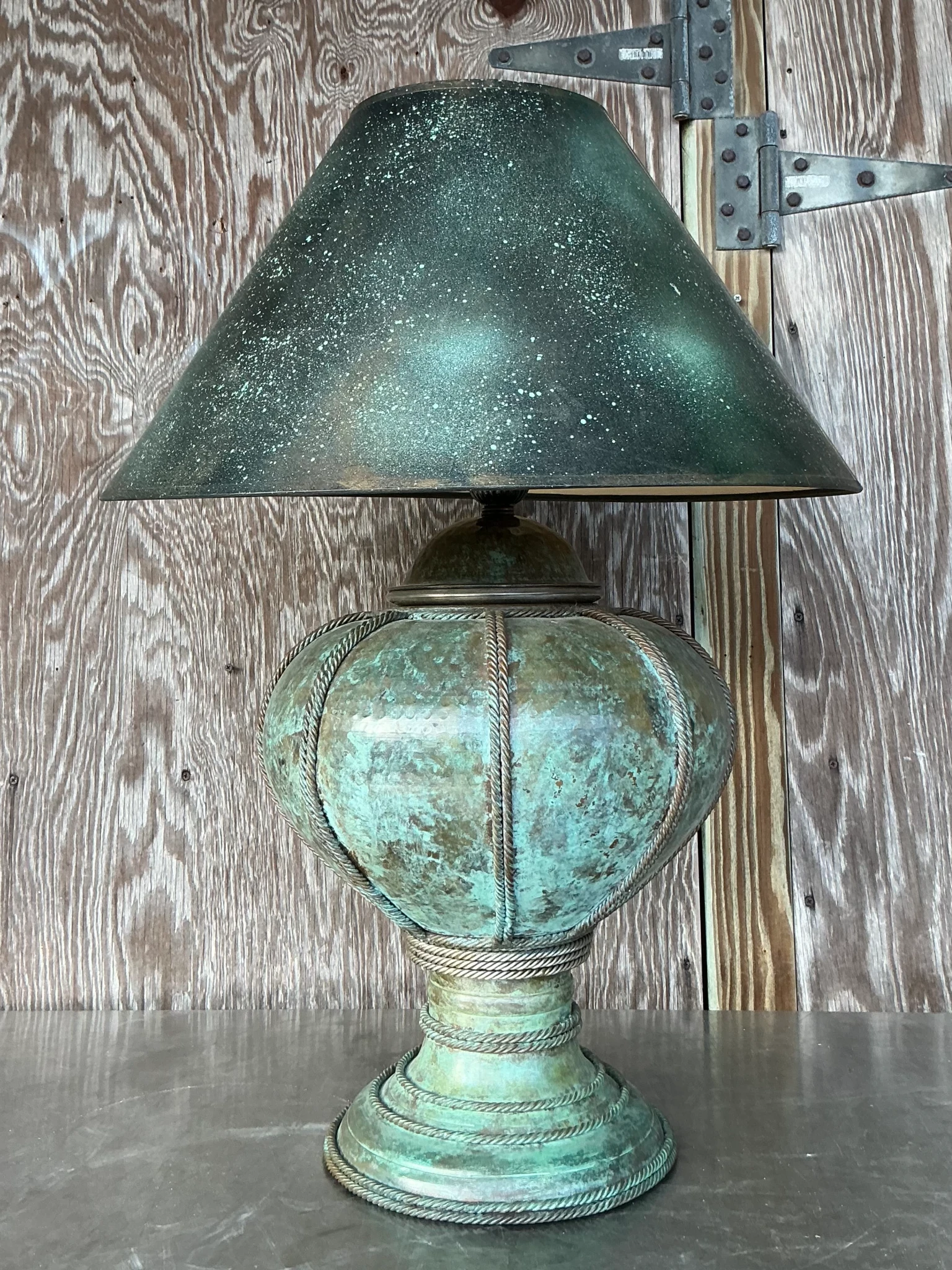 Vintage Patinated Metal Lamp With Hand Painted Shade - Back view