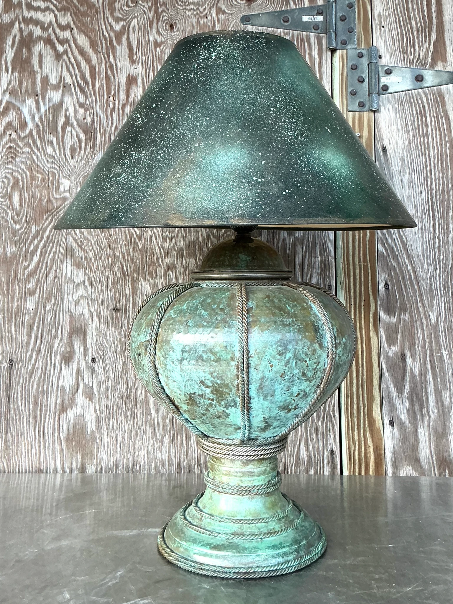 Vintage Patinated Metal Lamp With Hand Painted Shade - Top view