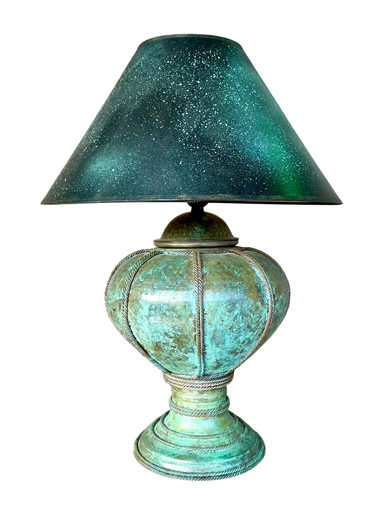 Vintage Patinated Metal Lamp With Hand Painted Shade