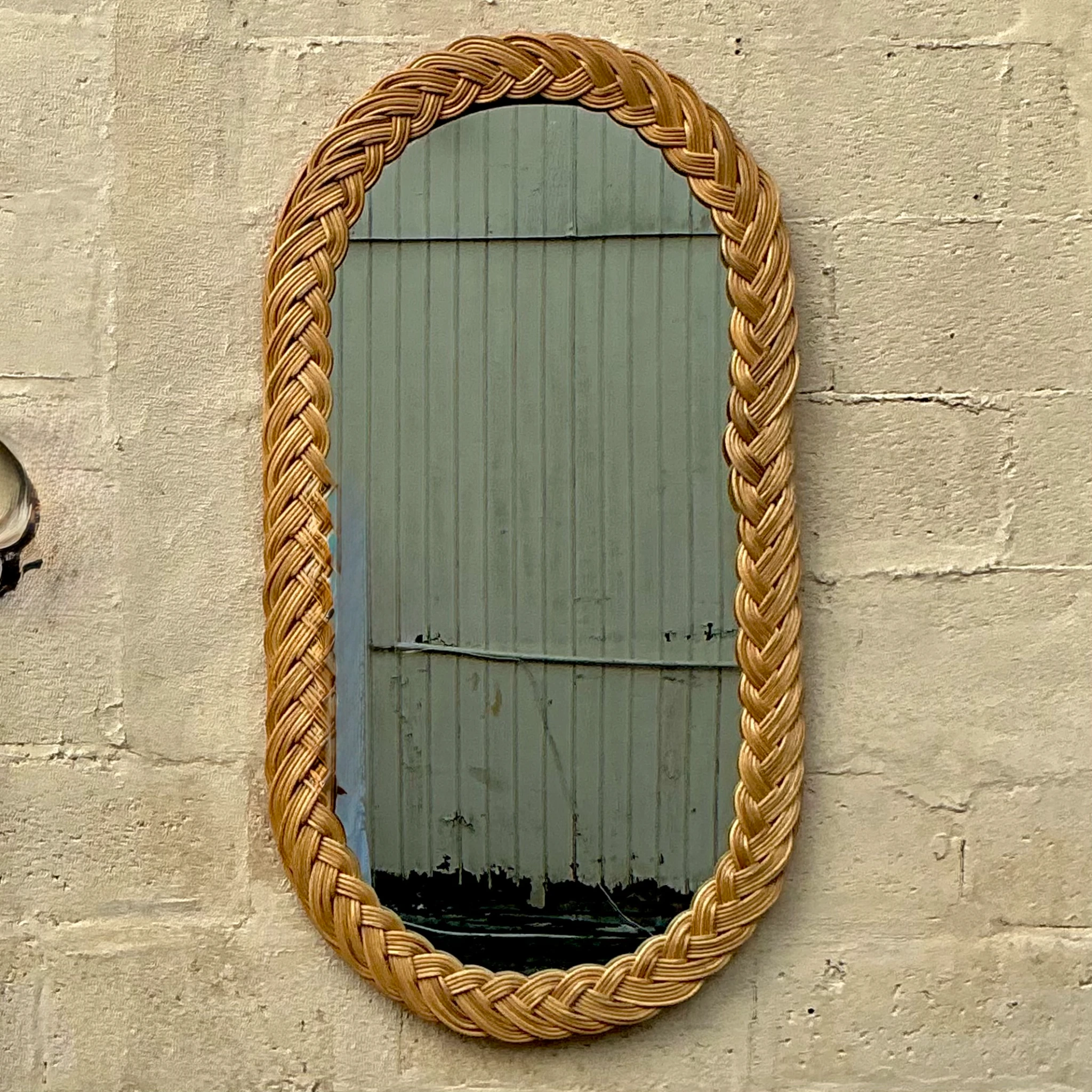 Vintage Coastal Braided Rattan Oval Mirror - Detail view
