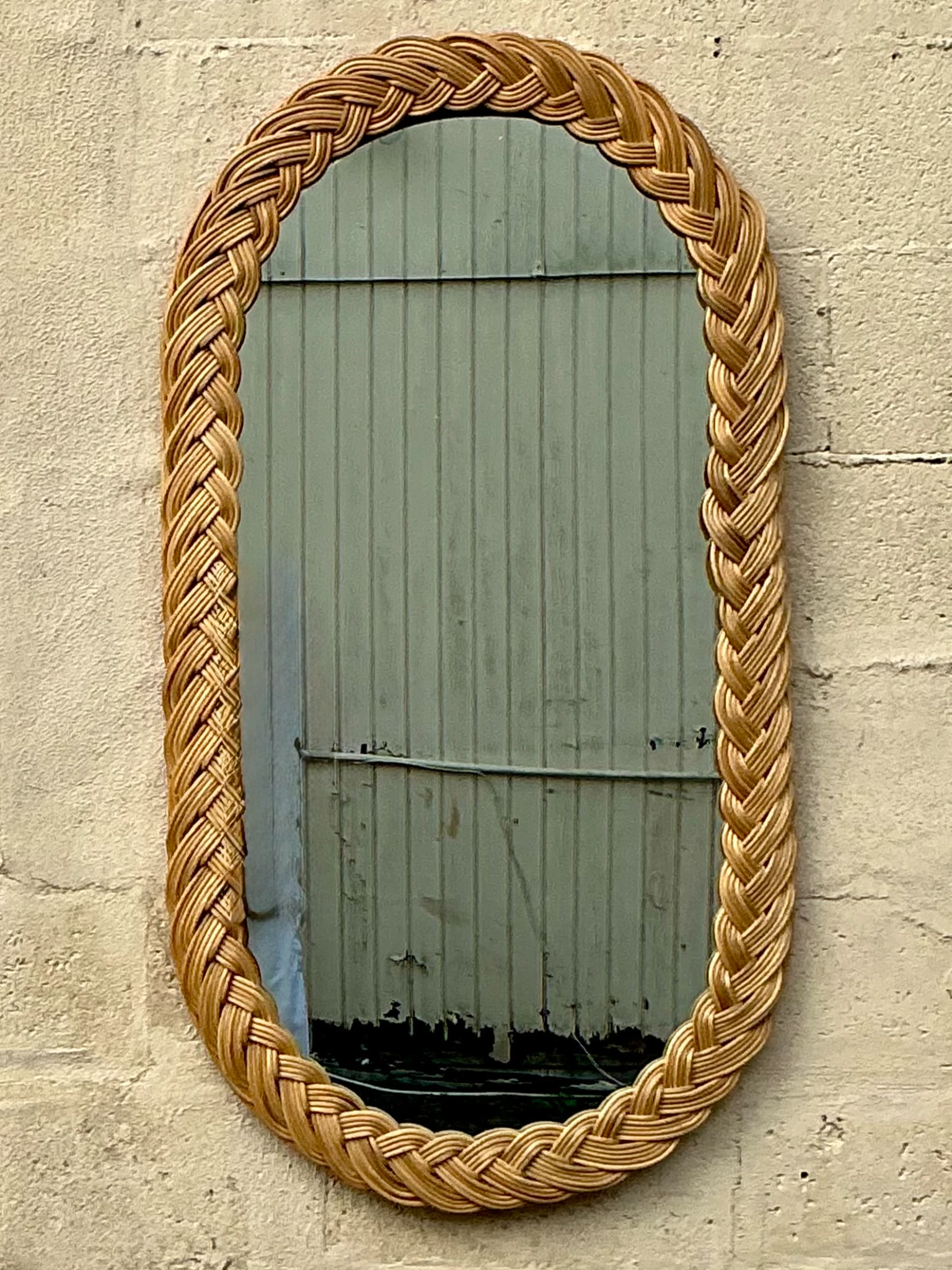 Vintage Coastal Braided Rattan Oval Mirror - Side view