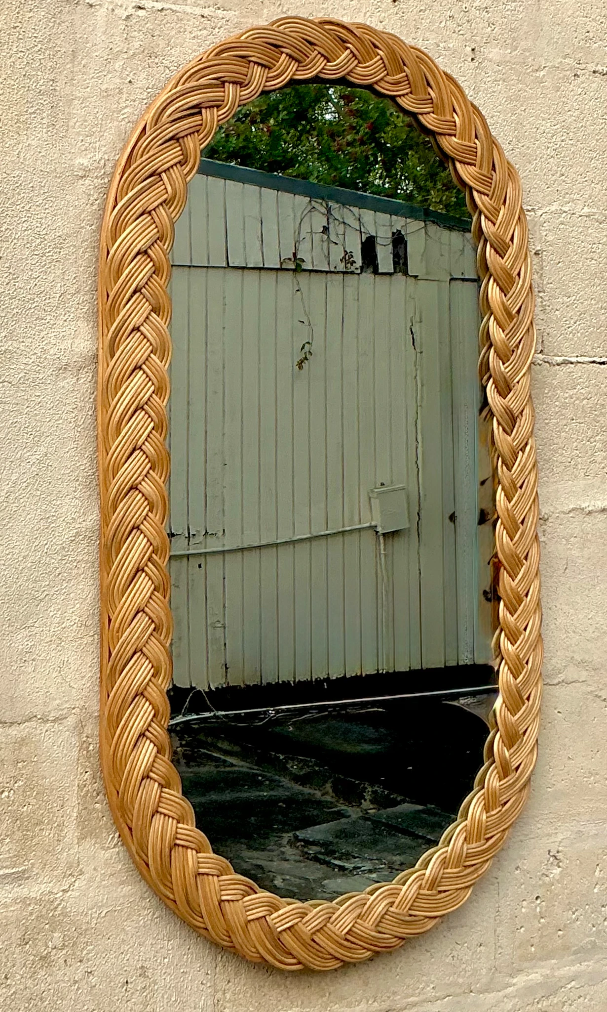 Vintage Coastal Braided Rattan Oval Mirror - Back view