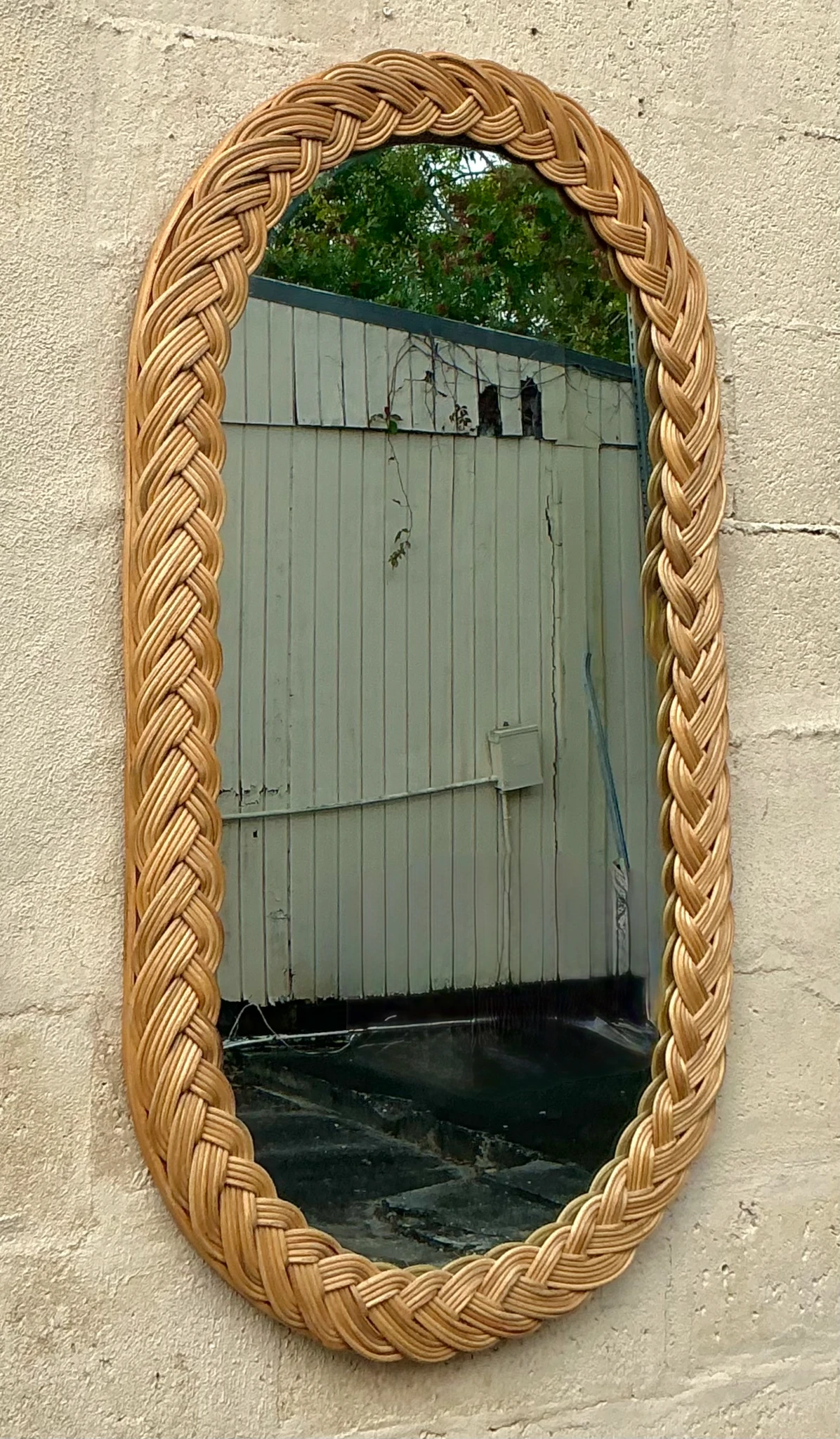 Vintage Coastal Braided Rattan Oval Mirror - Top view