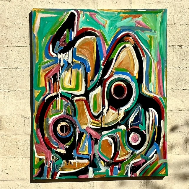 Vintage Boho Abstract Terry Frid Oil On Canvas  - Side view