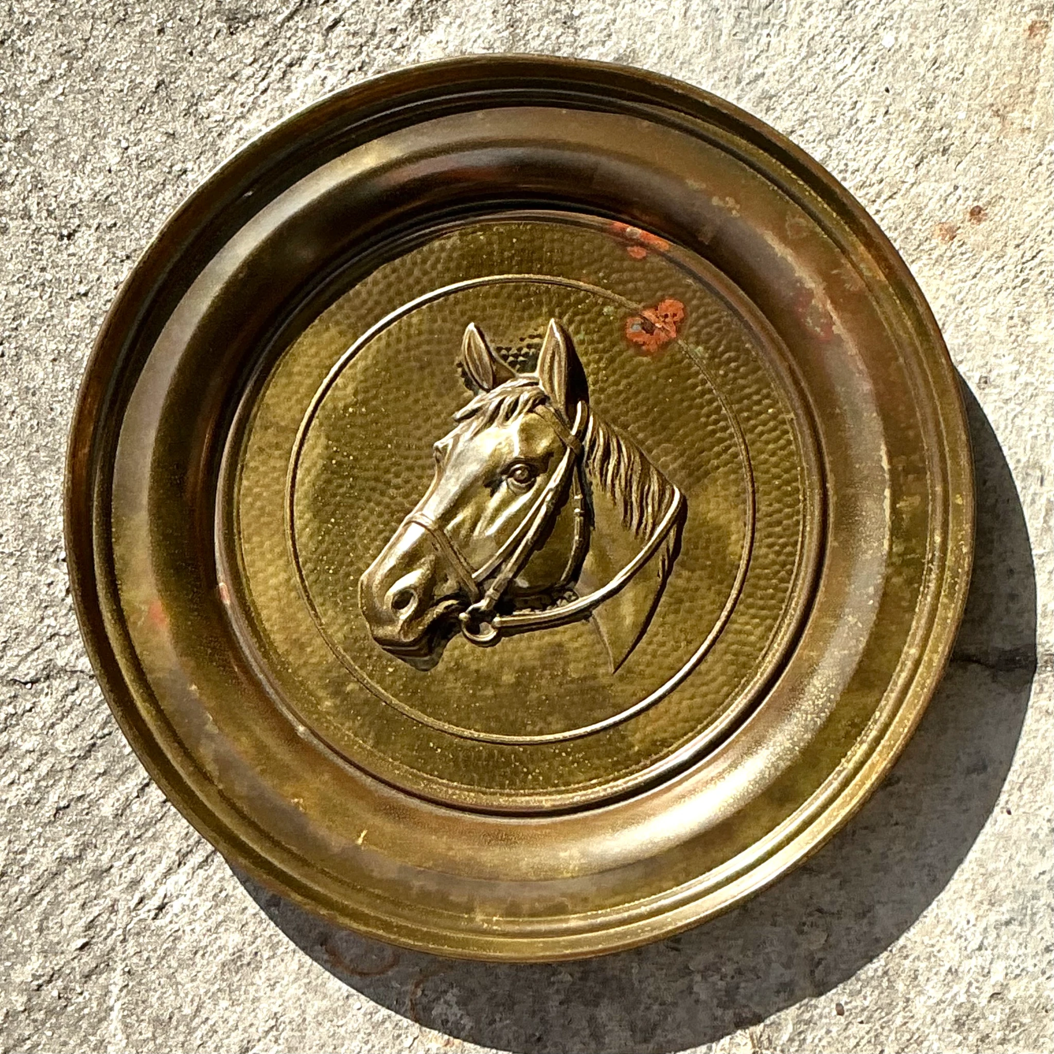 Vintage Boho Hammered Brass Horse Plate - Top view