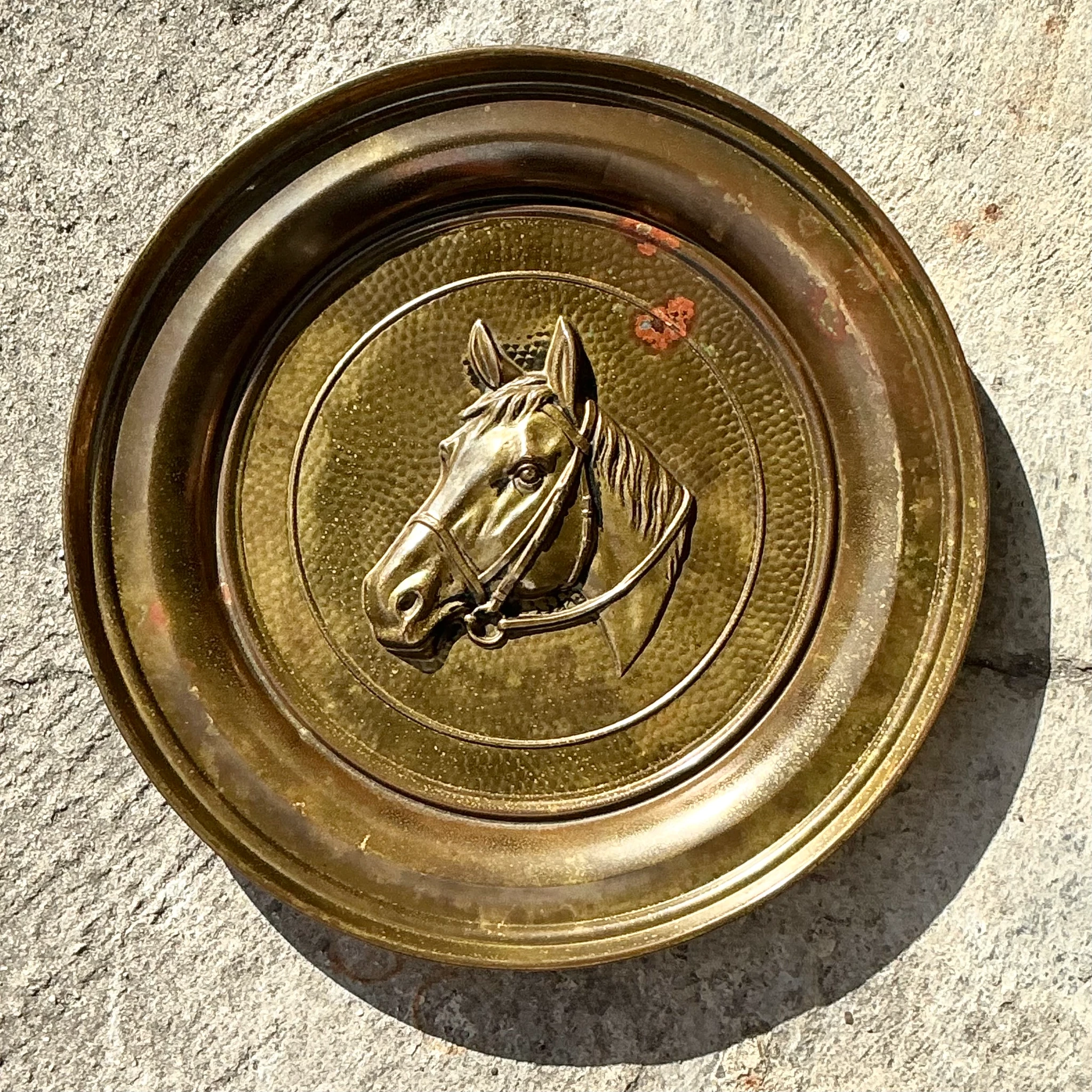 Vintage Boho Hammered Brass Horse Plate - Side view
