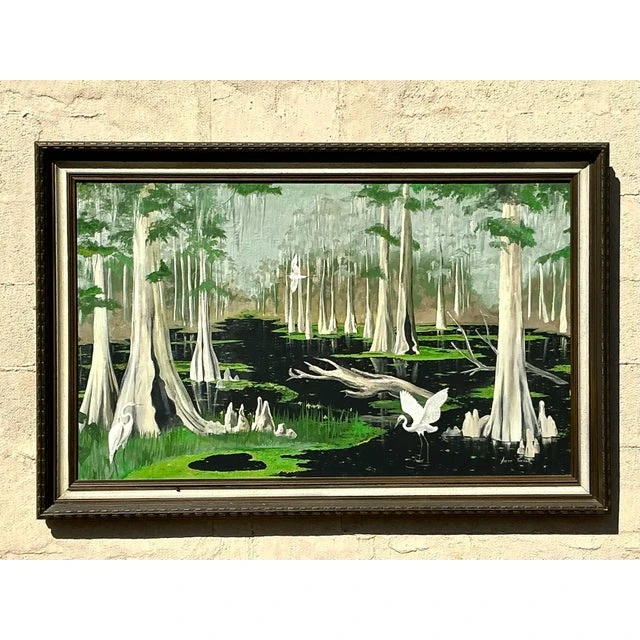 Vintage Boho Original Everglades Oil Landscape on Canvas - Detail view