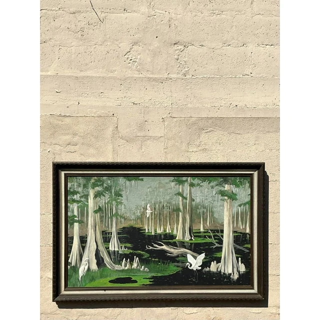 Vintage Boho Original Everglades Oil Landscape on Canvas - Back view