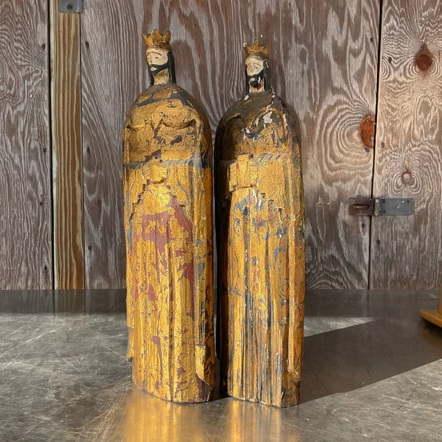 Vintage Boho Gilt Carved Wood Santos Figures- a Pair - Top view