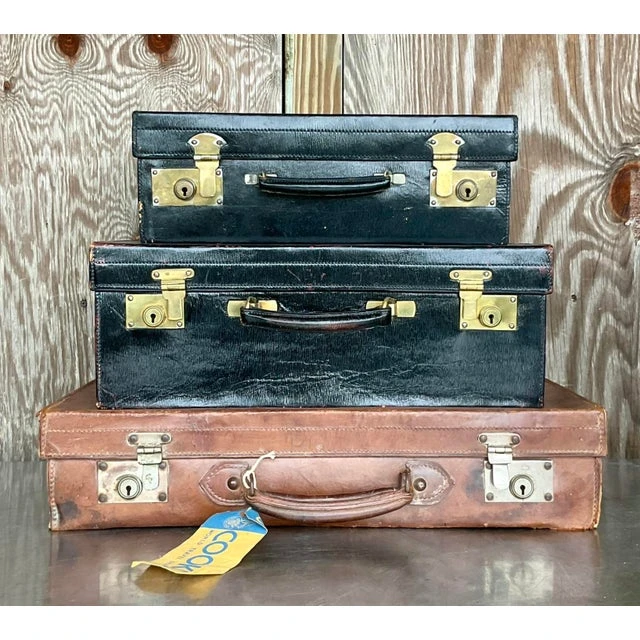 Vintage Display Stack of Antique Leather Suitcases- Set of 3 - Detail view