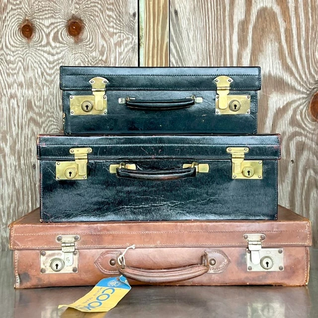 Vintage Display Stack of Antique Leather Suitcases- Set of 3 - Side view