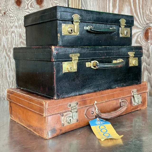 Vintage Display Stack of Antique Leather Suitcases- Set of 3 - Back view