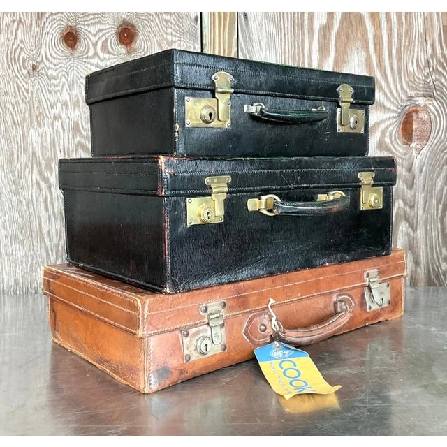 Vintage Display Stack of Antique Leather Suitcases- Set of 3 - Top view