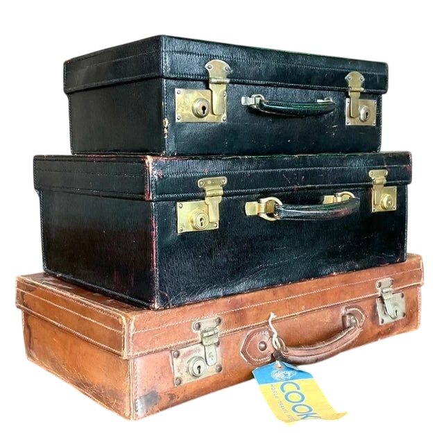 Vintage Display Stack of Antique Leather Suitcases- Set of 3
