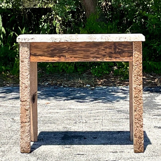 Vintage Coastal Florida Keys Petrified Wood Table with Coquina Stone Slab Top - Detail view