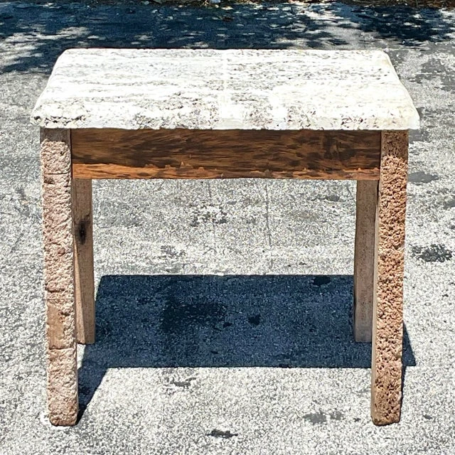 Vintage Coastal Florida Keys Petrified Wood Table with Coquina Stone Slab Top - Side view