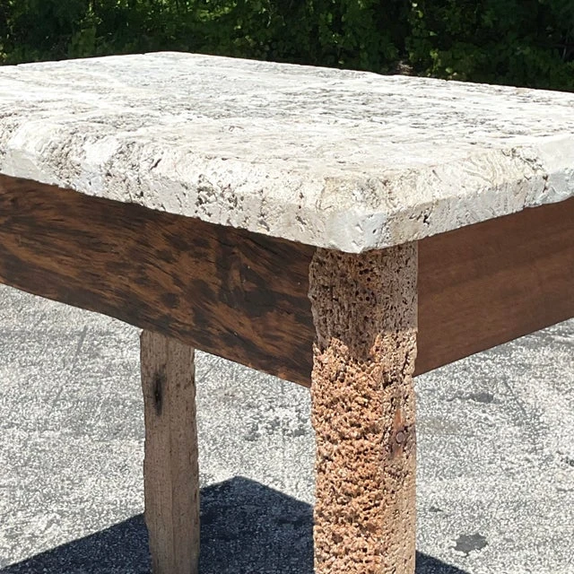 Vintage Coastal Florida Keys Petrified Wood Table with Coquina Stone Slab Top - Back view