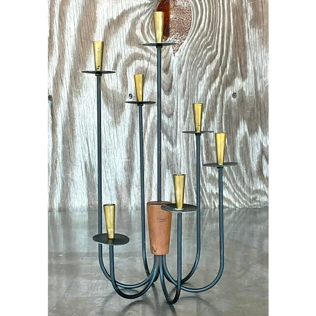 Vintage MCM Wood and Metal Candelabra - Detail view