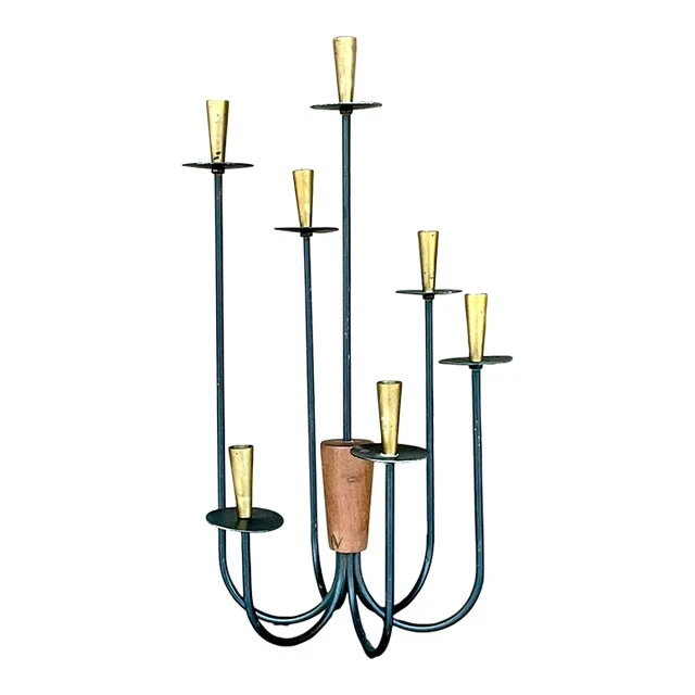 Vintage MCM Wood and Metal Candelabra