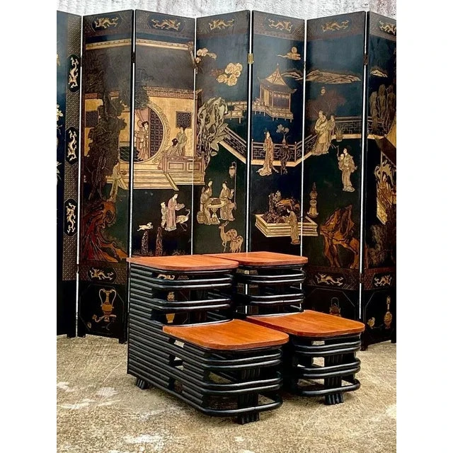 Mid 20th Century After Paul Frankl Painted Rattan End Tables -A Pair - Detail view