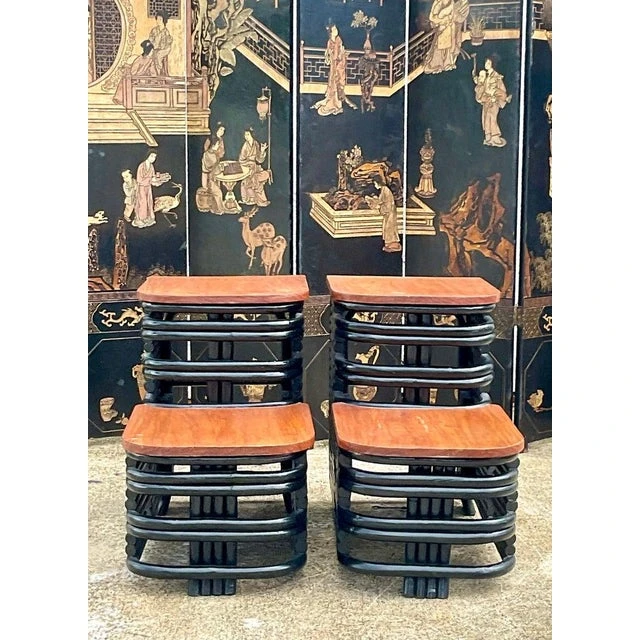 Mid 20th Century After Paul Frankl Painted Rattan End Tables -A Pair - Side view