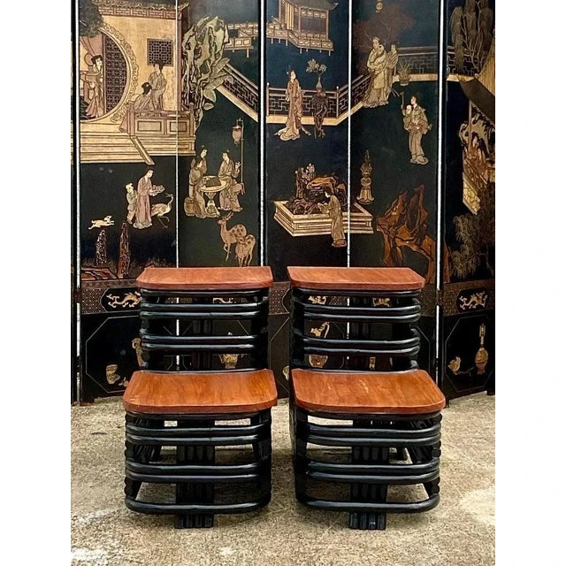 Mid 20th Century After Paul Frankl Painted Rattan End Tables -A Pair - Top view