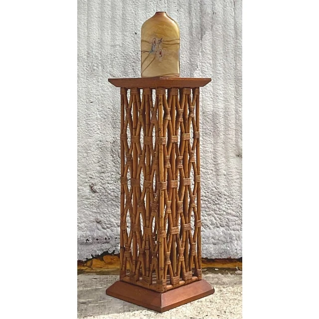 Vintage Coastal Trellis Rattan Pedestal - Side view
